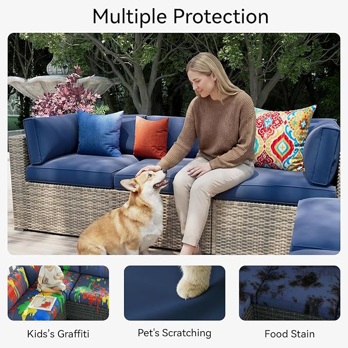 Aoxun 14pcs Patio Cushion Covers Replacement, Waterproof Outdoor Furniture Cushion Covers with Zipper and Non-Slip Bottom, Patio Sofa Couch 3 Sizes for Patio Sectional, Covers Only (Navy)