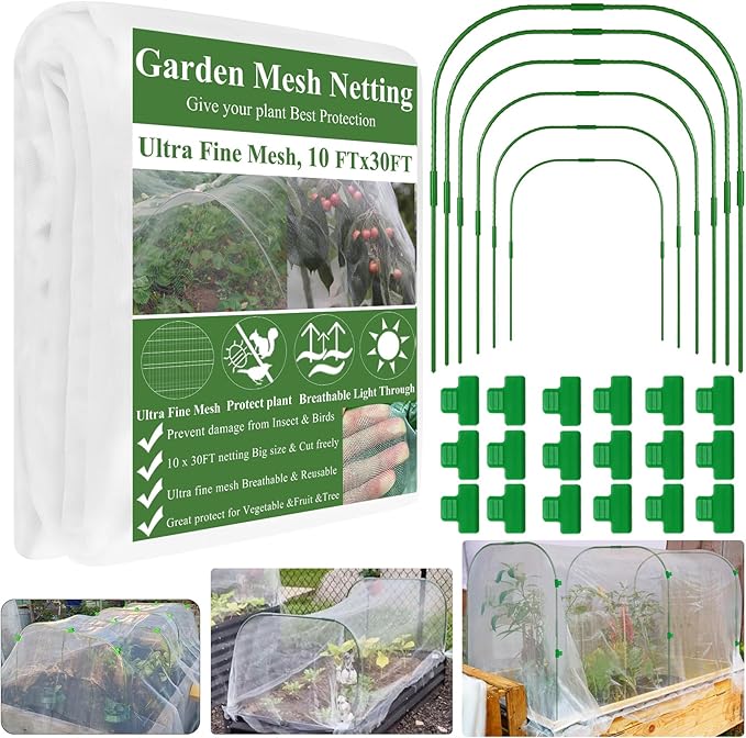 Garden Netting Kit for Raised Beds, 10x30FT Ultra Fine Mesh Netting＆ 6 Sets Garden Hoops, Garden Bed Row Cover Insect Netting Garden Hoop for Raised Bed Vegetable Plant Flowers Fruit Protection Net