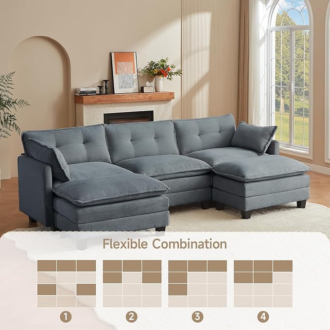 Modular Sectional Sofa, 111.5" U-Shaped Corduroy Comfy Sectional Couches for Living Room, 3-Seater Cloud Couches with 2 Movable Ottomans, Flexible Combination Modern Deep Seat Sofa (Grey)