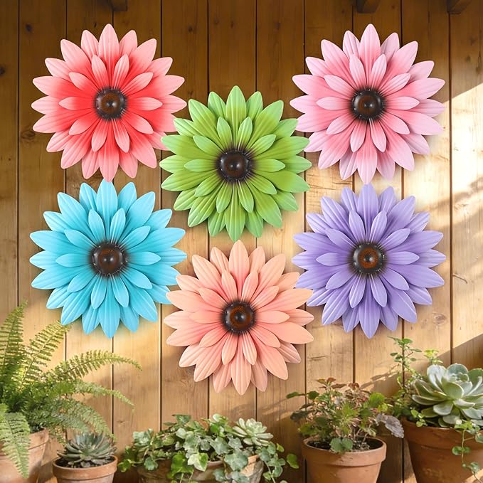 Zhehao 6 Pcs Metal Flower Wall Art Decor 8 Inch Sunflower Wall Decorations Hanging Outdoor Art Multicolored Handmade Metal Flowers Outdoor Decor (Morandi Color)