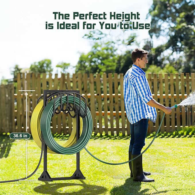 HeroicLion Garden Hose Holder Holds 2 x 151FT Hoses, Heavy-Duty Metal Freestanding Hose Stand Hanger with Stable Base, Rustproof Double Water Hose Holders for Outside Yard Lawn Farm, Black