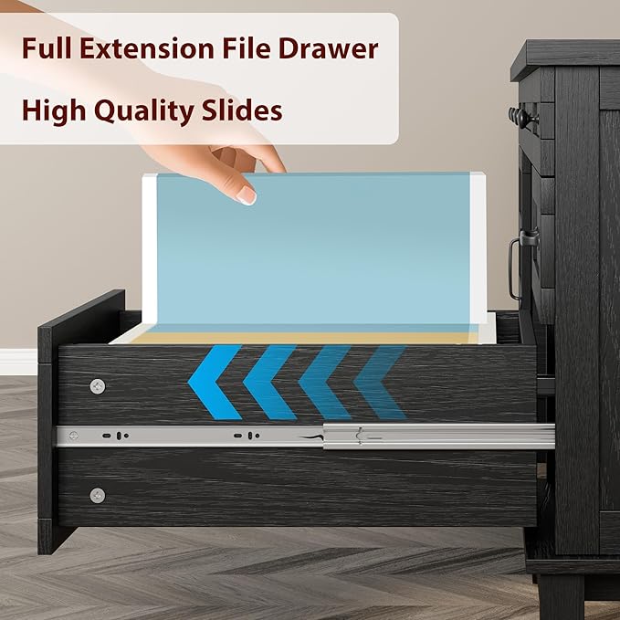 GarveeHome Farmhouse Executive Desk with File Drawers, 60 in Home Office Desk with Charging Station, Wooden Computer Desk with Cabinet Storage for Work Study Writing, Rustic Black