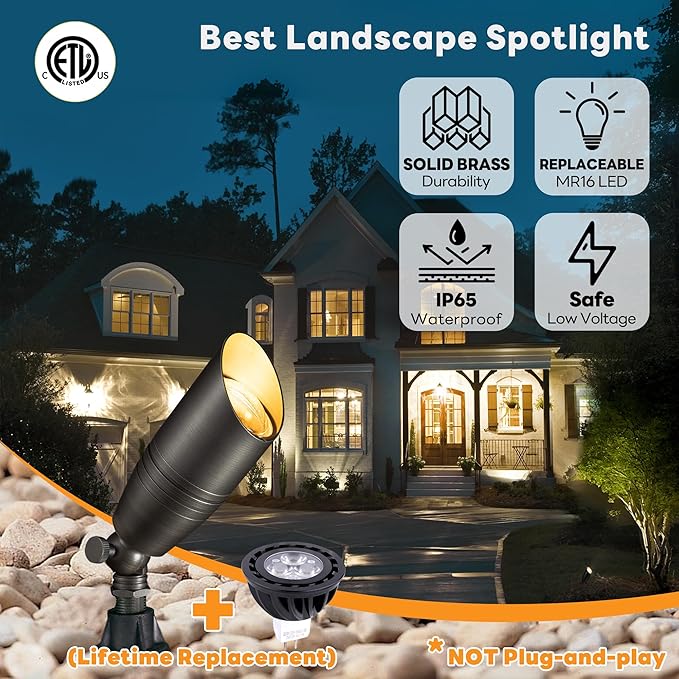 Low Voltage Spot Lights - Solid Brass Landscape Spotlight Wired, 12V Outdoor LED Bullet Uplights, Waterproof Electric Bronze for Patio Wall with 2700K Warm White MR16 Bulb (6 Pack)