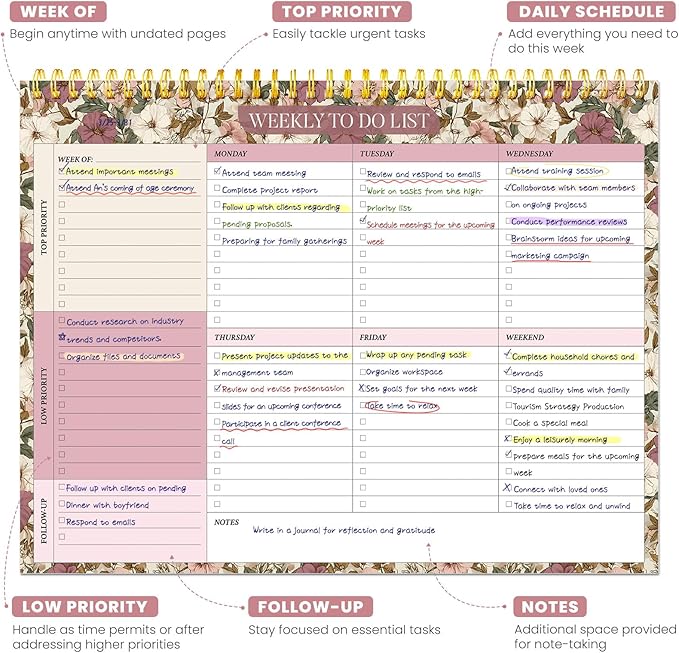 Weekly To Do List Notepad with 52 Undated Sheets（8.5"×11"）- Undated Weekly Planner Notepad for Office Desk Accessories and Supplies - Mauve Muse