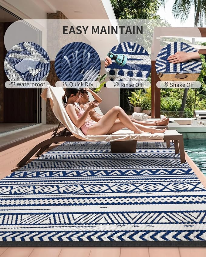 MontVoo Outdoor Rug Carpet Waterproof 6x9 Outdoor Patio Rug Mat Reverisble Plastic Straw Outdoor Rug for RV Camping Picnic Beach Balcony Boho Navy Blue