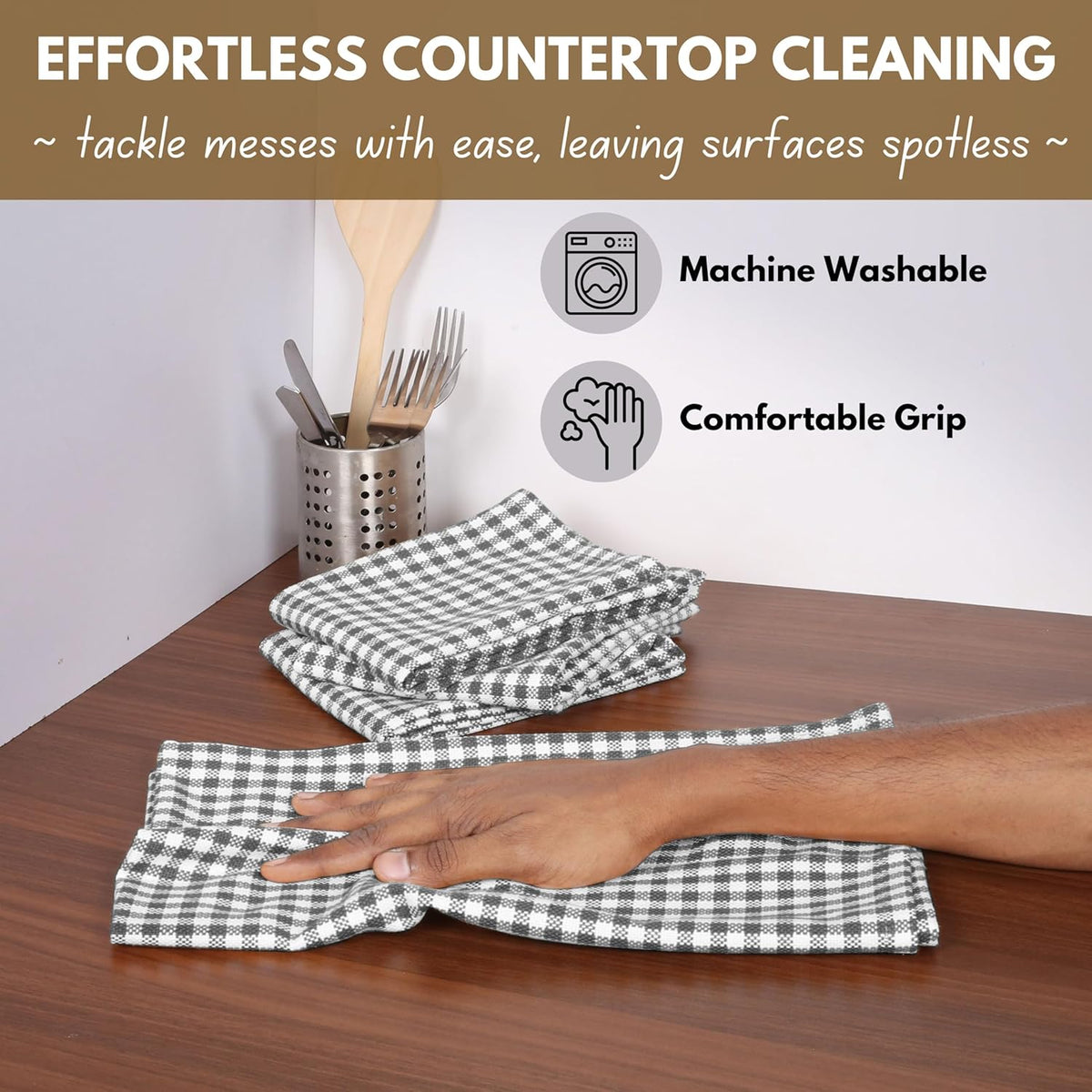 Native Fab Gingham Kitchen Towels 6 Pack, 100% Cotton 16x26 Inch, Absorbent & Washable Tea Towels, Soft Dish Cloths with Hanging Loop for Drying & Cleaning, Grey White