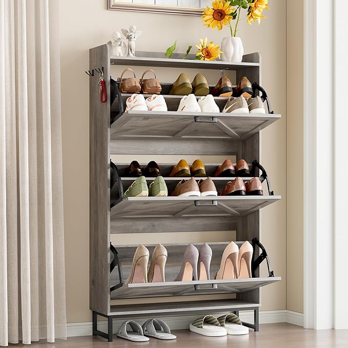 Shoe Cabinet with 3 Flip Drawers Narrow Shoe Storage Cabinet Organizer Wooden Freestanding Shoe Rack Hidden Slim Shoes Storage Cabinet for Entryway, Hallway, Living Room, Bedroom
