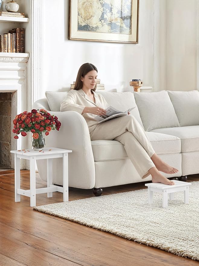 LUE BONA Outdoor Side Table, 2-Tier HDPS Outdoor Nesting End Table with Removable Small Foot Stool for Patio, Deck, Poolside, Low Maintenance & Weather Resistant, White
