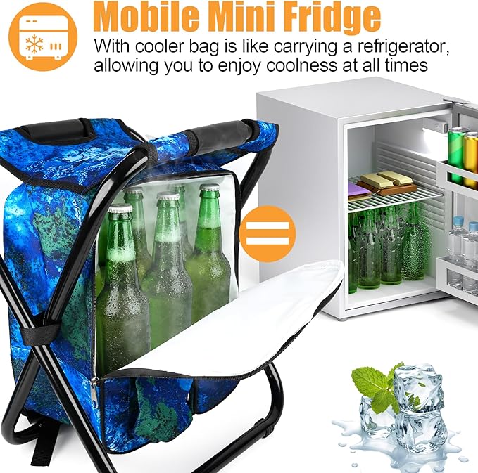 Kikerike Backpack Stool Cooler Chair Heavy Duty 300 LBS Max Load Portable Lightweight Stool Backpack Folding Fishing Cooler Seat for Camping Hunting Fishing - Ocean