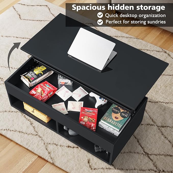 LED Coffee Table Black Lift Top Coffee Table with Storage Modern Tea Table with Hidden Compartment Lift Up Dining Center Table with LED Light for Living Room Home Office