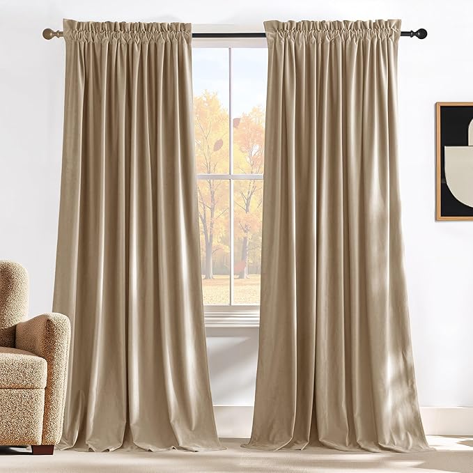 NICETOWN Beige Velvet Room Darkening Curtains, Home Decor Light Blocking