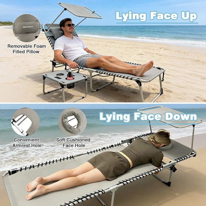 Outdoor Tanning Chair with Sun Canopy Shade & Face Hole, Folding Lounge Chair with Beach Table and Carry Bag for Poolside Sunbathing Lawn