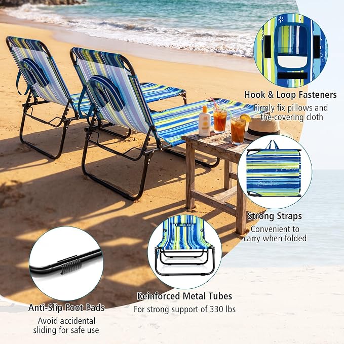 GYMAX Tanning Chair, Folding Lounge Chairs with Face Hole & Cover, Removable Pillow Carry Handle, Portable Compact Outdoor Layout Recliner for Beach, Poolside, Lawn, Patio, Camping (Blue Stripe,1)