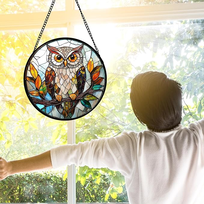 Stained Glass Window Hanging, Owl Colorful Leaves Birds Sun Catchers Diamond Glass Panel Hangings Suncatcher Decor for Birthday for Women, Men, Wife, Aunt, and Mom 9.8 in