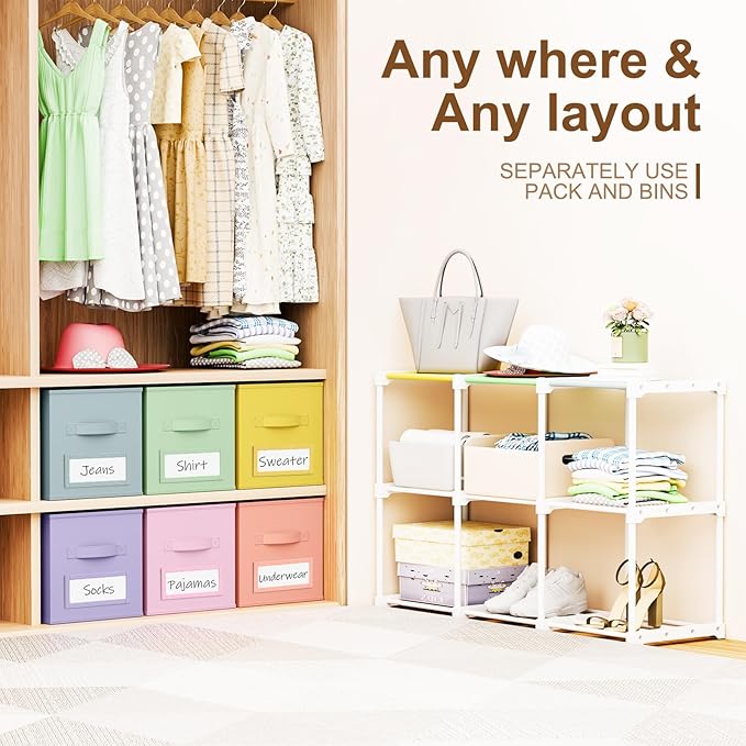 Geelin 9 Sets Cube Storage Organizer Bins with Shelf & Labels 11 Inch, Fabric Collapsible Cubby Toys Clothes Storage Drawer Unit for Daycare Nursery Playroom Bedroom Dorm Organizer (Pastel)