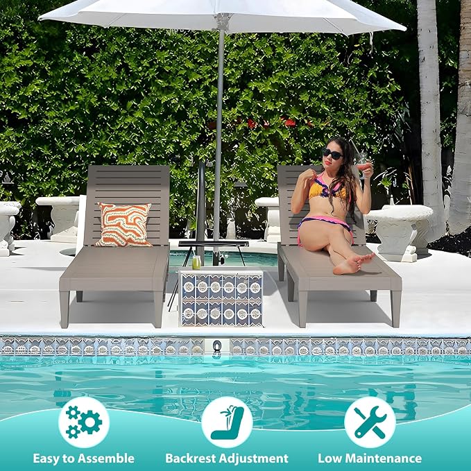 Outdoor Lounge Chairs Set of 4 for Poolside Patio, Weather-Resistant Pool Chaise Lounge with Adjustable Backrest, Resin Tanning Chair Sun Lounger for Outside Deck, Beach, Sunbathing, Taupe