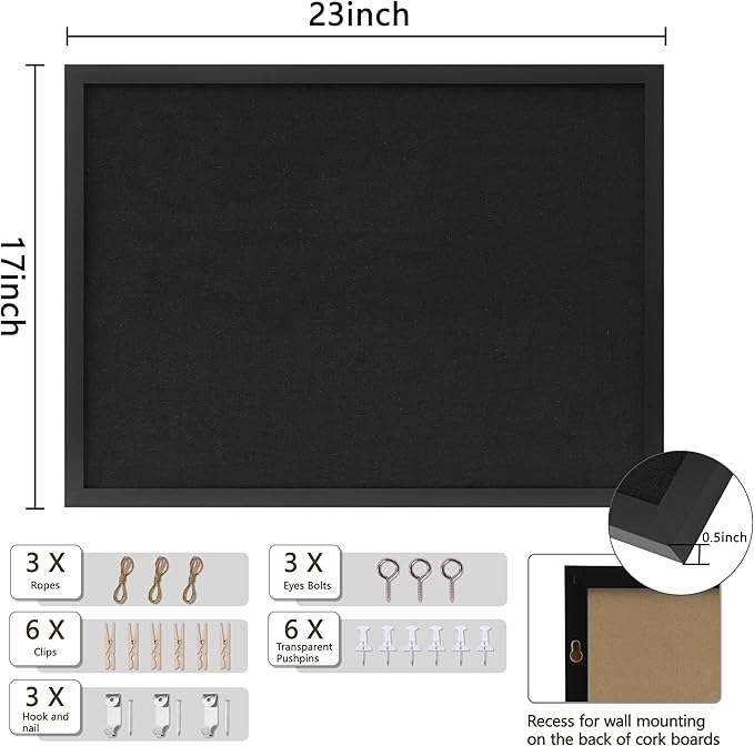 DAHAPYBOO Cork Board with Linen Black, Bulletin Board 23"x17", Corkboards