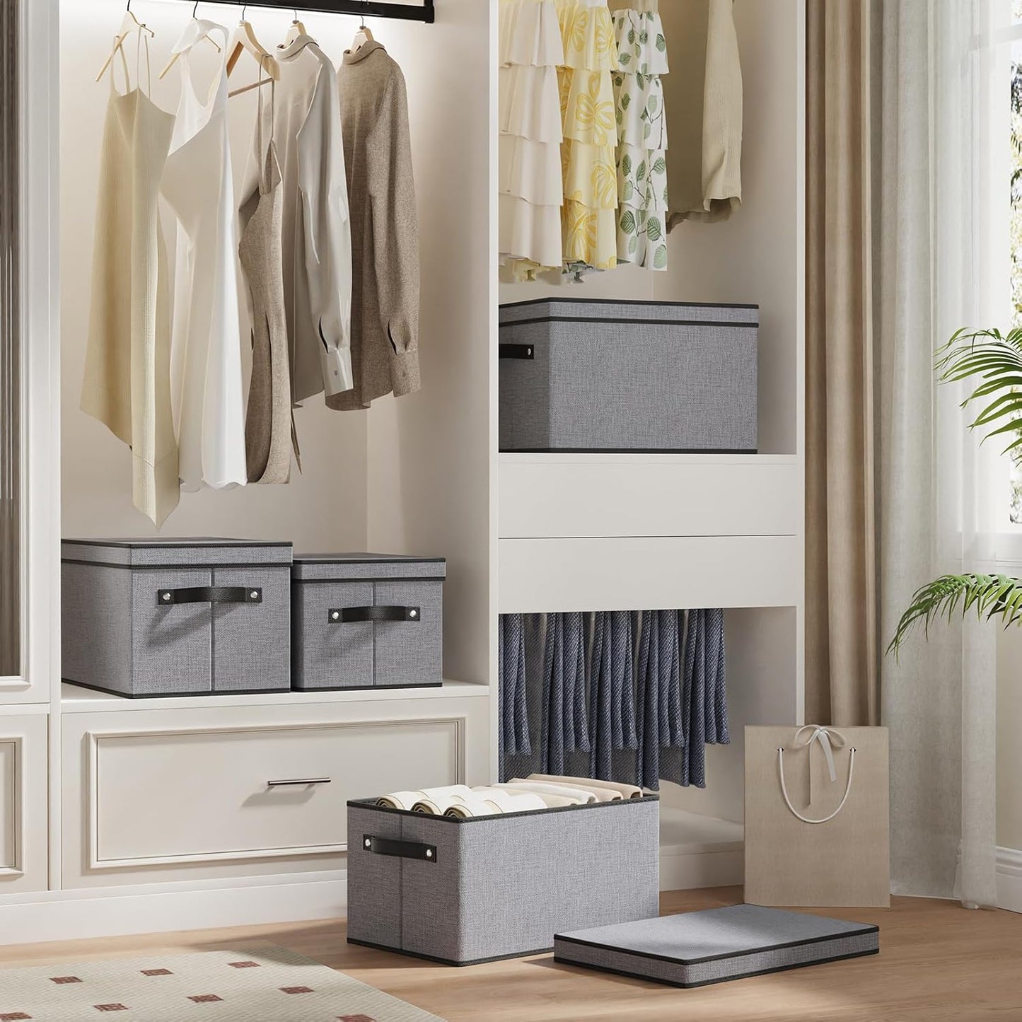 Clothing Storage Bins, Blanket Baskets for Shelves, Fabric Cubes with Handles and Lids, Decorative Linen Closet Organizers Boxes, Gray, 1 Pack, 16.5 x 11.8 x 10.2 Inch