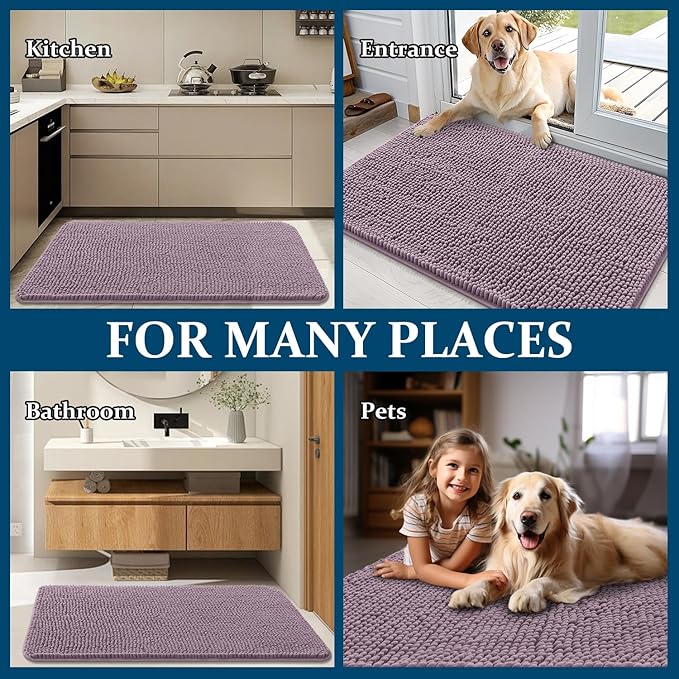 OLANLY Dog Door Mat for Muddy Paws 47x24, Absorbs Moisture and Dirt, Absorbent Non-Slip Washable Doormat, Quick Dry Chenille Mud Mat for Dogs, Entry Indoor Entryway Carpet for Inside Floor, Deep Plum