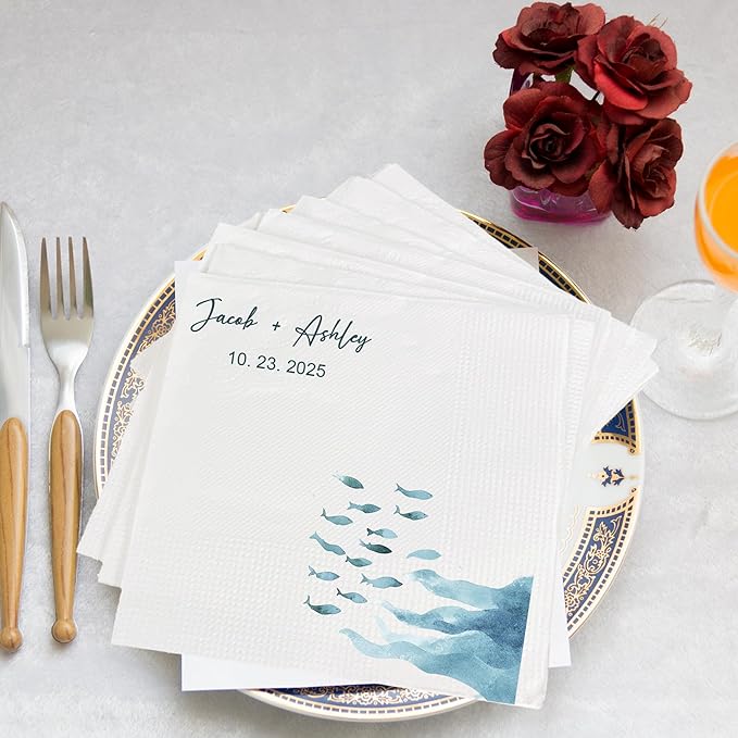 Luxury Custom Cocktail Napkins Wedding, Pack 50 100 150 500 Anniversary Party, Monogram Initials, Rehearsal Dinner Table Decor, Beverage & Luncheon, Saga Green, White Decor Style 1
