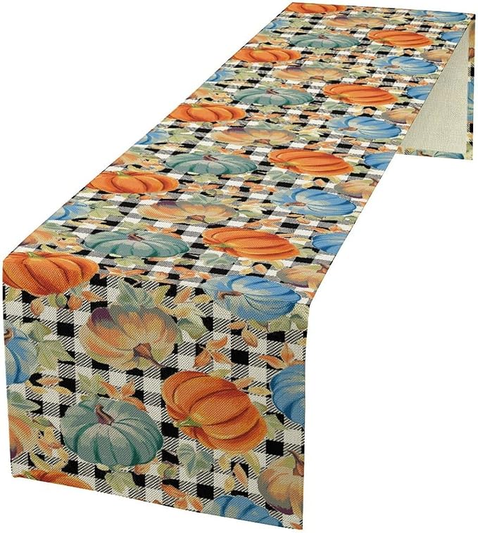 Fall Pumpkin Table Runner Black White Plaid Maple Leaves Watercolor Illustration Rustic Thanksgiving Home Decor for Farmhouse Indoor Outdoor Party Holiday Dining Kitchen Restaurant Cafe W13xL90in