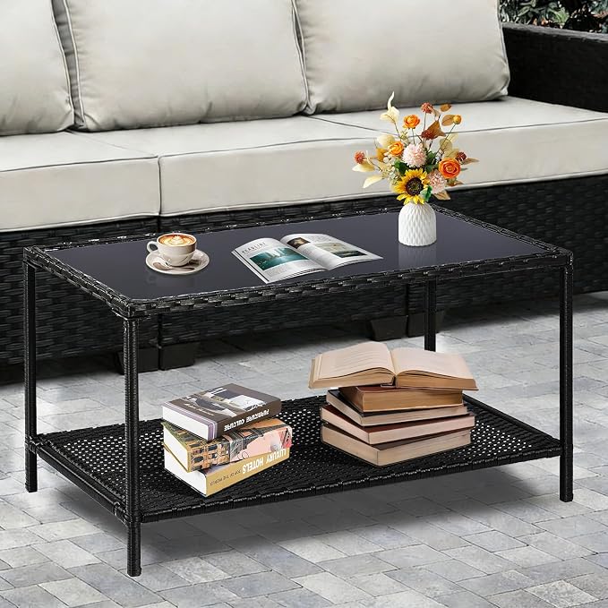 SUNNYPARK Outdoor Rattan Coffee Table 36’’ All-Weather Wicker Patio Side Tables with Glass Top and Storage Shelf Furniture for Living Room Balcony Backyard Poolside