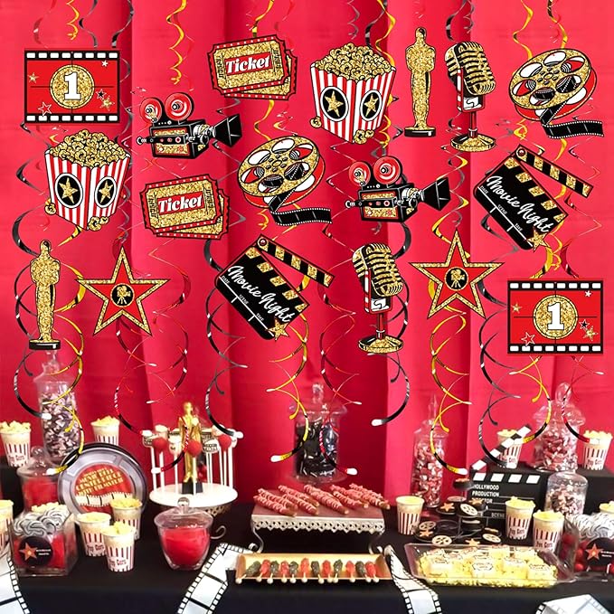 Movie Night Hanging Swirl Set Party Decorations, 48 Pcs, Hollywood Theme with Popcorn Trophy Microphone Film Reel Party Supplies Sign, Red Black Gold