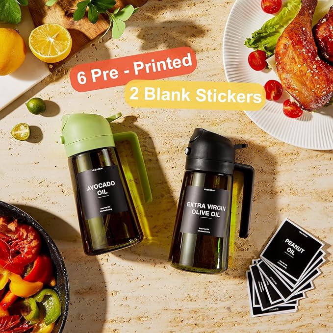 CXINYI - 16oz/470ml Olive Oil Dispenser for Kitchen with Stickers - 2 in 1 Olive Oil Sprayer for Cooking, Air Fryer, and Salad, Black&White (Light-Proof Kitchen Gadget)