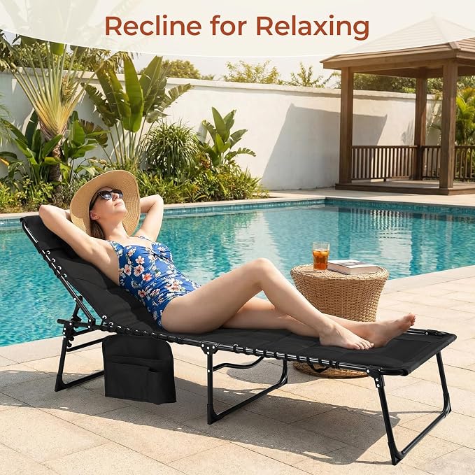 TLSUNNY Padded Folding Lounge Chair, Portable Reclining Chair with Pillow & Side Pocket, Outdoor 5-Position Adjustable Chaise Lounger with Carrying Handle, for Beach, Pool, Sunbathing (Black)