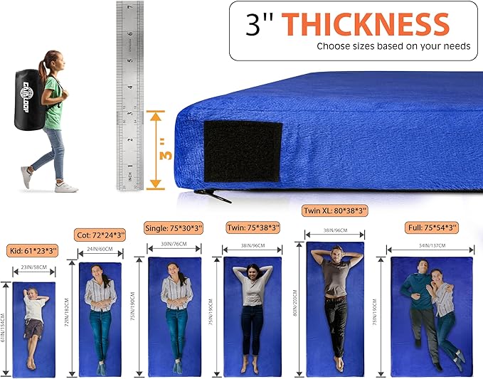 3 Inch GAIALOOP Thick Memory Foam Camping Mattress Sleeping Pad [Car/Tent/Cot] Glamping Portable Floor Mat Roll Up Futon Mattress for Guests Sleepover
