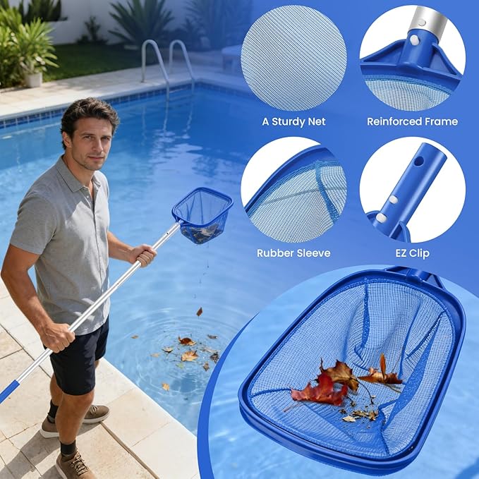 Swimming Pool Cleaning Kit - Includes Pool Skimmer Net, 18" Pool Brush with 5ft Adjustable Pole, Pools Maintenance Kits for Inground & Above Ground Swimming Pools, Removes Debris