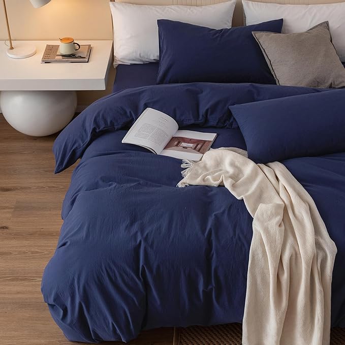 JIYUAN 100% Washed Cotton Duvet Cover Set 3 Pieces Cal King, 1 Duvet Cover 104x98 Inches(Comforter Not Included) and 2 Pillowcases,Linen Feel Bedding Set Comfy and Breathable,Navy Blue