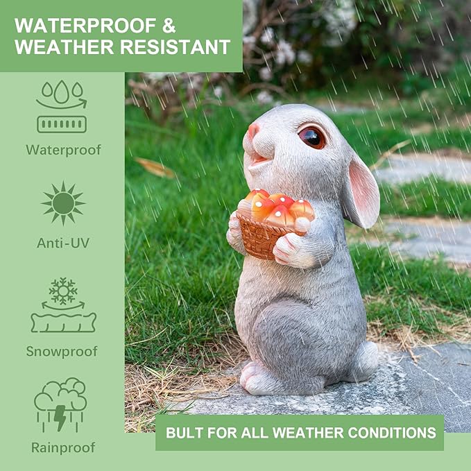 Solar Rabbit Garden Statues Outdoor Bunny Decor Resin Bunny Figurine Holding Mushroom with LED Lights for Porch Patio Lawn Yard Christmas Birthday Housewarming Gardening Gifts for Mom Grandma