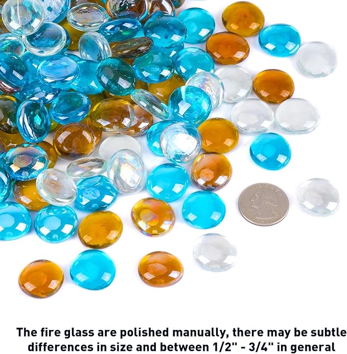 Skyflame 10-Pound Blended Fire Glass Beads for Fire Pit Fireplace Landscaping, 1/2-Inch High Luster Caribbean Blue, Crystal Ice, Caramel