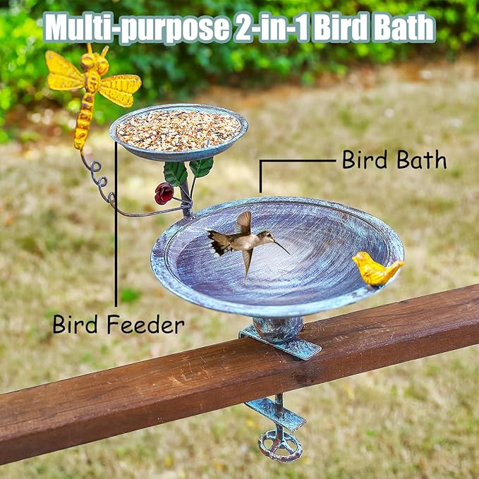 Bird Bath for Deck Railing and Balcony, 2 in 1 Bird Feeders for Outdoors with Heavy Duty Clamp, Unique for Outside and Silver Birdfeeder Suitable for Garden Porch Backyard
