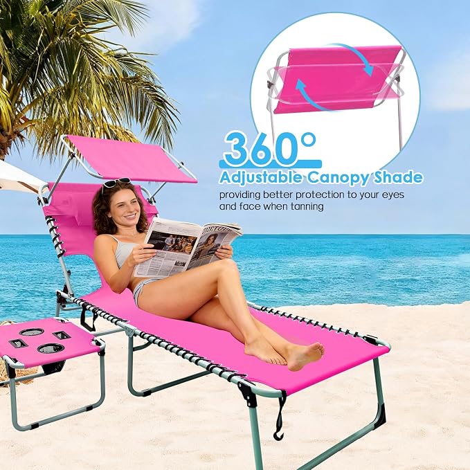 Outdoor Tanning Chair with Sun Canopy Shade & Face Hole, Folding Lounge Chair with Beach Table and Carry Bag for Poolside Sunbathing Lawn