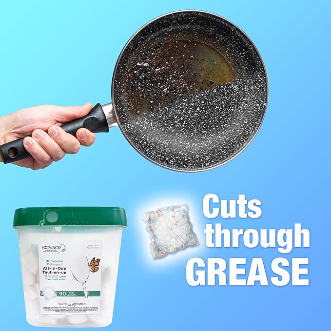 Excelsior HE All-In-One Dishwasher Detergent Pods includes 90 Dishwasher pods with built-in rinse aid for an amazing shine & leaving a gentle citrus scent