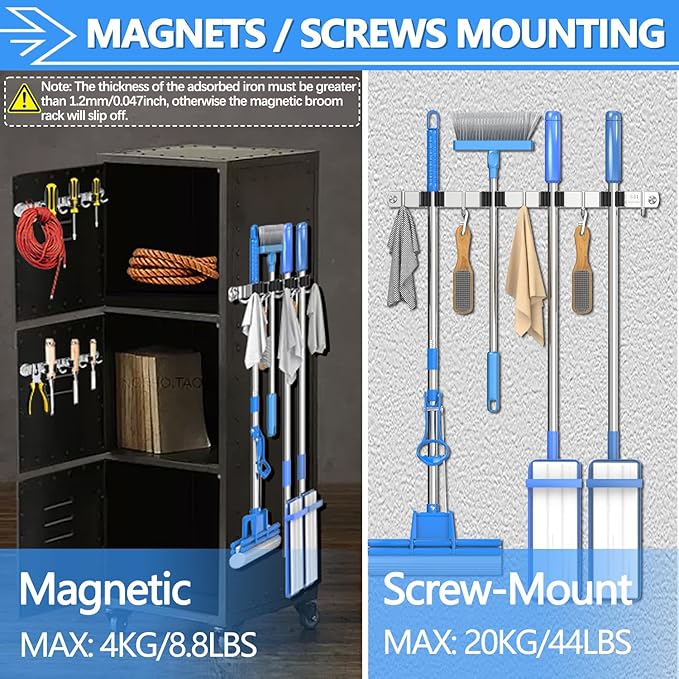 3-H Magnetic Broom Holder Wall Mount 1 Pack, 2-in-1 Dual Mount (No Drill or Screw Fix), 304 Stainless Steel Heavy Duty Magnet Mop Broom Organizer for Kitchen Garden Garage(4 Racks & 5 Hooks,Silver)