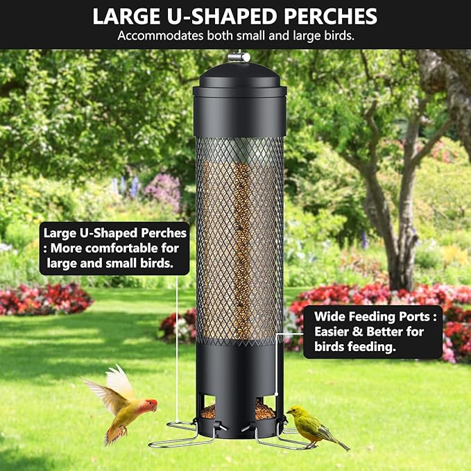 LCSEVEN Bird Feeders for Outdoors Squirrel Proof with Weight-Activated Perches, Hanging Bird Feeder for Outside, Metal Feeder for Wild Cardinal, Finch, Blue Jay, Chickadee, 3.6LB Seed Capacity, Black