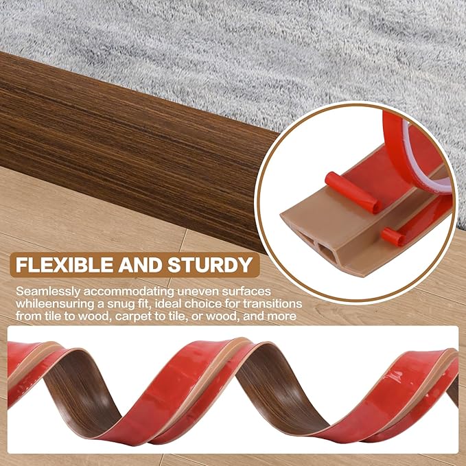 Floor Transition Strip Vinyl Door Threshold Ramp Self Adhesive Carpet Edging Strip Doorway Edge Trim, Overlap Edge Reducer for Laminate Carpet, Floor, Tile (Brown Wood Grain, 1/5" to 2/5", 3.3Ft)