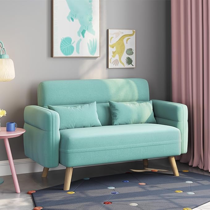 Yaheetech 46" Small Modern Fabric Sofa Loveseat Mid Century 2 Seater Sofa Couch with Lumbar Pillows, Solid Wood Legs for Living Room, Small Space, Dorm, Office, Bedroom, Aquamarine