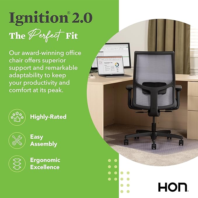 HON Ignition 2.0 Mid Back Task Chair, Standard Synchro-Tilt Control, Office Chair with Lumbar Support, Height and Width Adjustable Arms, Black Frame, Frost