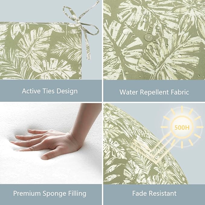 LVTXIII Outdoor Seat Cushions Seasonal Replacement Chair Cushions, Patio Chair Pads with Ties for Dining Chairs and Garden Furniture, Square Back, 18.5"x16"x2", 4 Pack, Tropical Leaf Green
