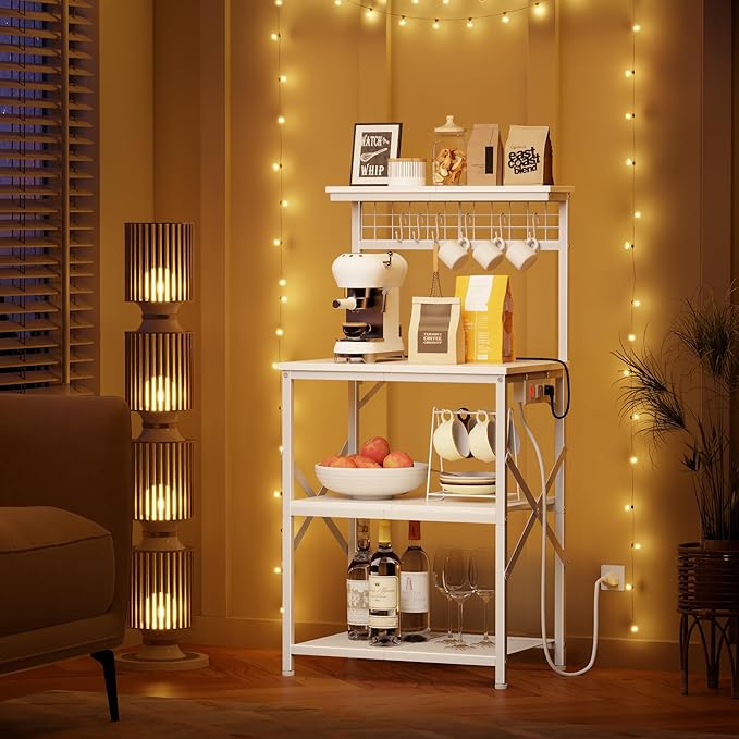 Furologee Kitchen Bakers Rack with Power Outlet, Microwave Oven Stand with Storage 4 Tiers, Coffee Bar Table with 6 S Hooks, Kitchen Storage Shelf Rack for Spices, Pots, White