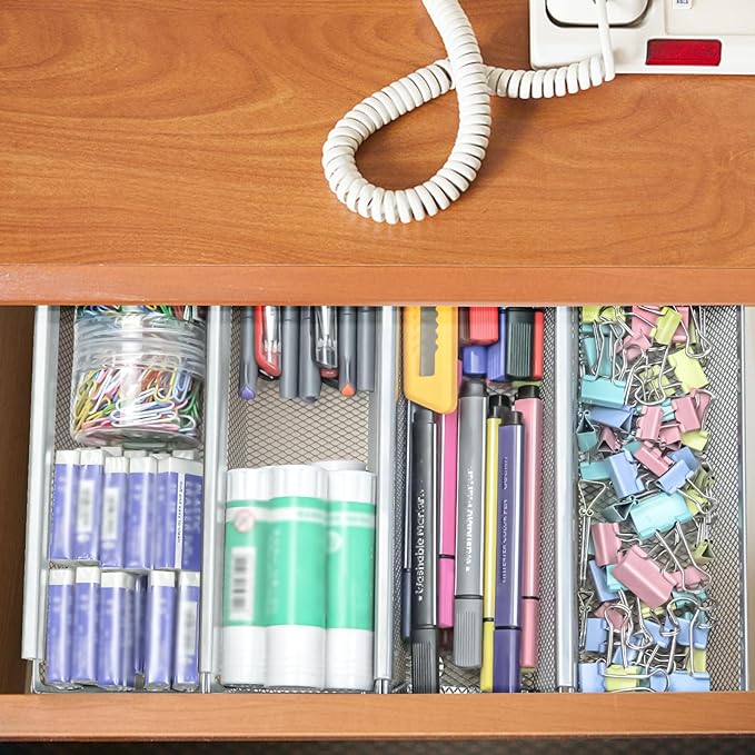 2PCS Drawer Organizer, Mesh Drawer Organizer with Interlocking Arm for Utensil, Cosmetic, Flatware, Pen (12 * 3 * 2 Inches, Grey)