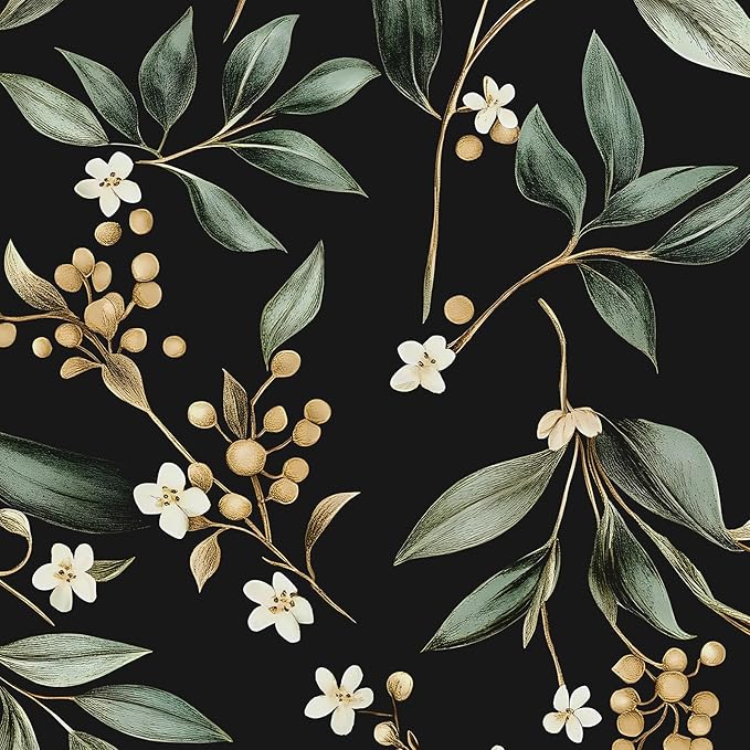 Black Green Floral Peel and Stick Wallpaper, 17.5" x 197" Vintage Dark Green
