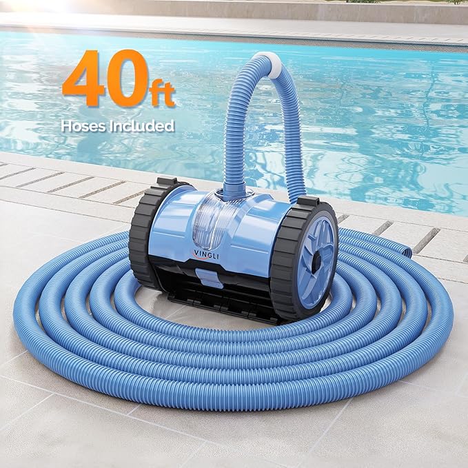 (2025 Upgrade) VINGLI Pool Vacuum Cleaner, Suction Side Wall-Climbing Sweeper for Ground&Inground Pools, Automatic Pool Vacuum with 39.6ft Tangle-Free Hose (Memory Blue&Gray)
