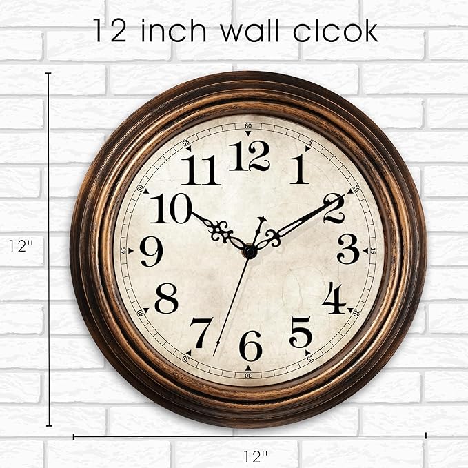 Wall Clock - 12 Inch Vintage Battery Operated - Retro Silent Non Ticking -