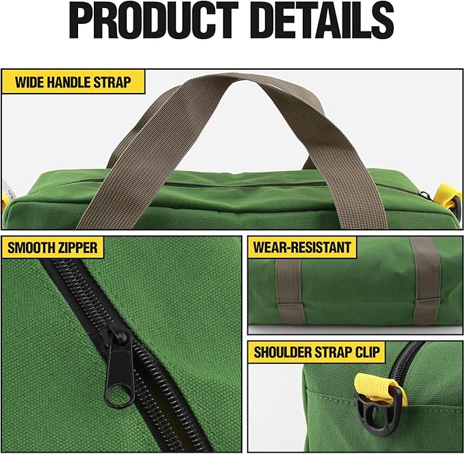 Small Tool Bag, Canvas Tool Storage Bag, Large Capacity Multipurpose Zipper Soft Tote Organizer Pouch for Electrician, Plumbing, Gardening,Tools Bags for Men (Green, 13 Inch)