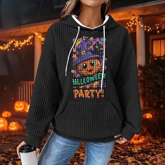 Halloween Sweatshirts for Women Novelty Graphic Drawstring Waffle Hoodies Loose Casual Pullover Tops with Pocket